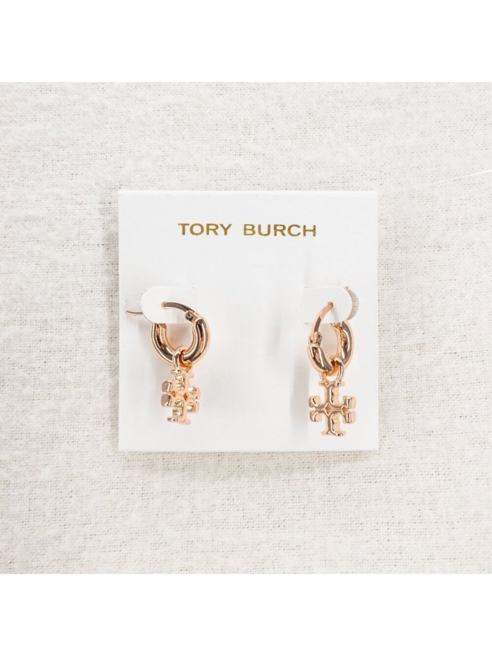 Tory Burch Kira Logo Drop Huggie Hoop Earrings Rose Gold OS